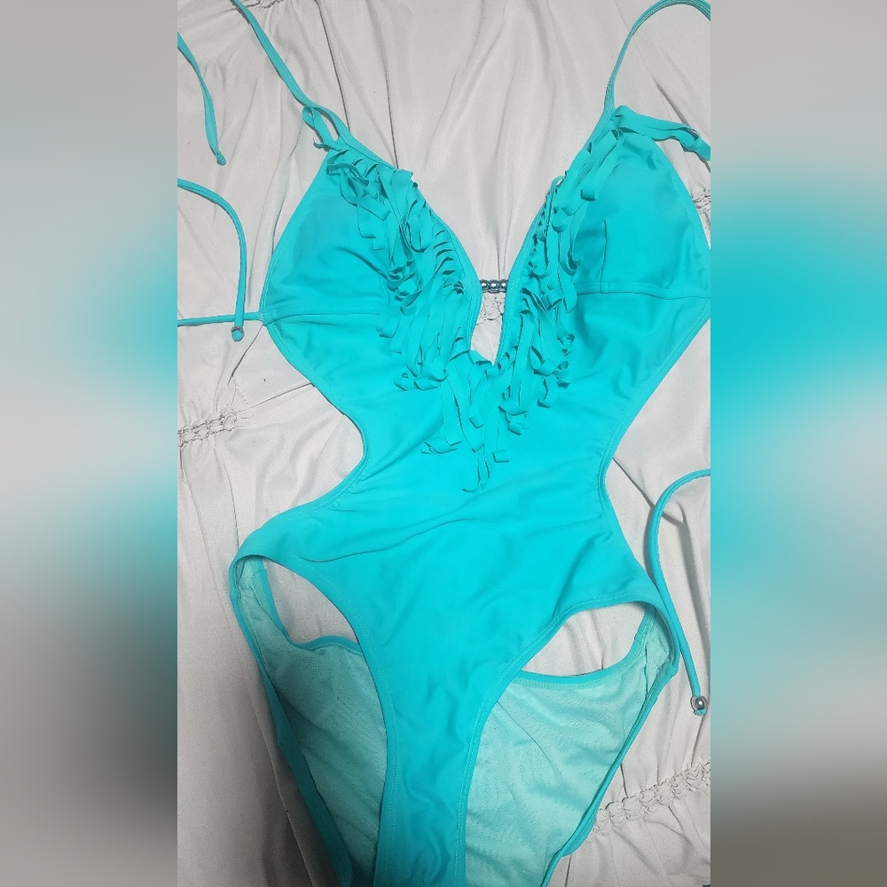 Turquoise One-Piece Swimsuit with Fringe Detail